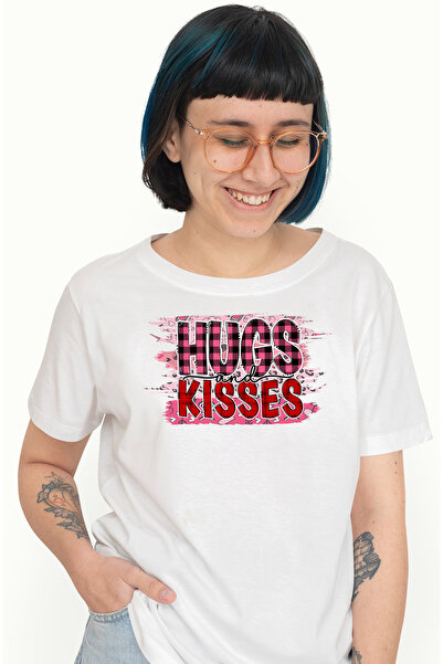 StoryGift Romania Tricou Femei Cu Mesajul "hugs And Kisses", Rosu, Roz, Inimi...