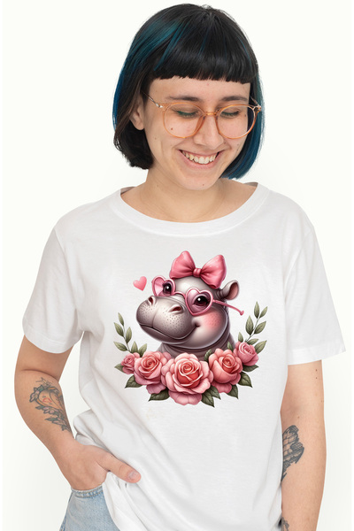 StoryGift Romania Tricou Femei Cu O Femela Hipopotam Care Poarta Niste Ochela...