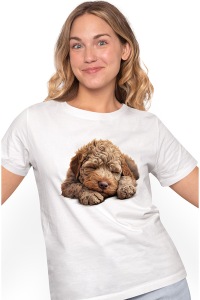 StoryGift Romania Tricou Femei Cu Un Catelus Blanos, Maro, Ilustratie, Doarme...