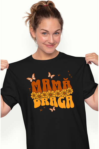 StoryGift Romania Tricou Femei Mama Draga, Flori Galbene Si Fluturi, Familie ...