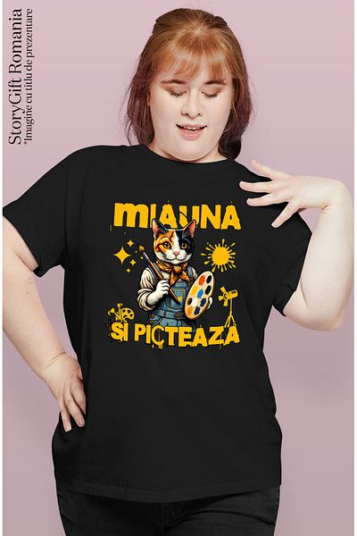 StoryGift Romania Tricou Femei Pisica Artist Miauna Si Picteaza Animal Blanos Motan Cu Imprimeu Pe Blk_m