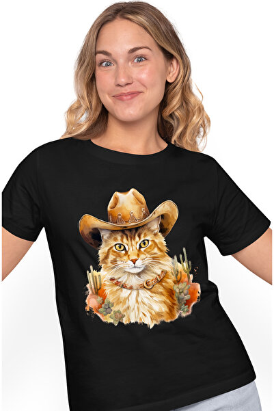 StoryGift Romania Tricou Femei Cu O Pisica, Ilustratie, Palarie De Cowboy, Ca...