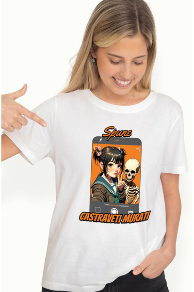 StoryGift Romania Tricou Femei Fata Cu Schelete Facand Selfie Castraveti Murati Cu Imprimeu Pe Fat Wht_m