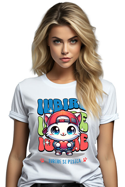 StoryGift Romania Tricou Femei Pisica Si Iubire, Cu Imprimeu Pe Fata, 100% Bu...