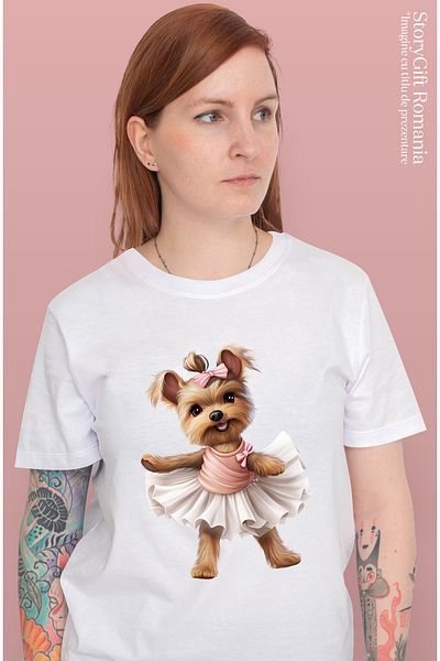 StoryGift Romania Tricou Femei Cu Yorkshire Terrier, Caine, Animal De Companie, Ilustratie, Rochie Wht_m
