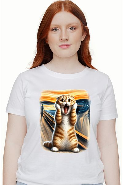 StoryGift Romania Tricou Femei Cu O Pisica Socata, Ilustratie, Speriata, Mirata, Uimita, Pictura C Wht_m