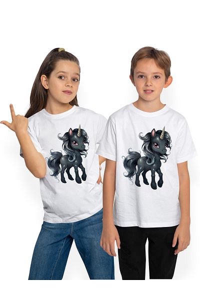 StoryGift Romania Tricou Copii Cu Un Unicorn Negru, Ilustratie, Serios, Creatura Mitica, Din Povesti, Animal