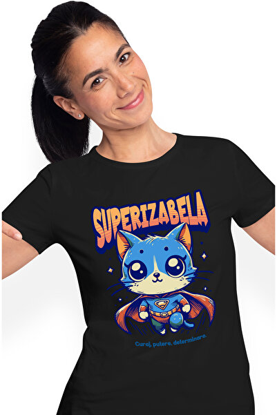 StoryGift Romania Tricou Femei Super Izabela, Supererou, Pisica Zburand, Cu I...
