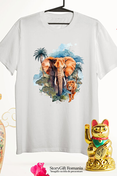 StoryGift Romania Tricou Femei Cu Animale Salbatice, Ilustratie, Jungla, Elefant, Leu, Safari, Nat Wht_l