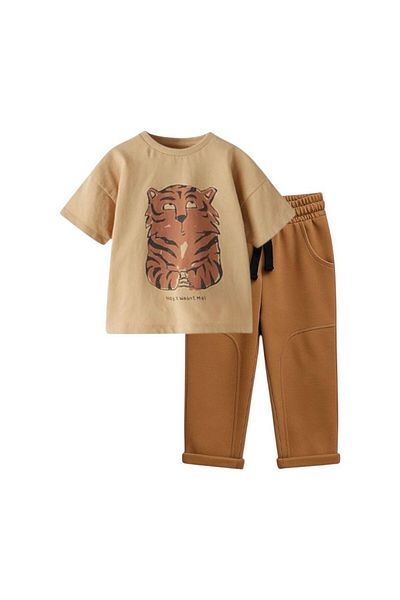 Magu Boys' Cotton Beige Tiger Printed T-Shirt and Brown Trousers Set