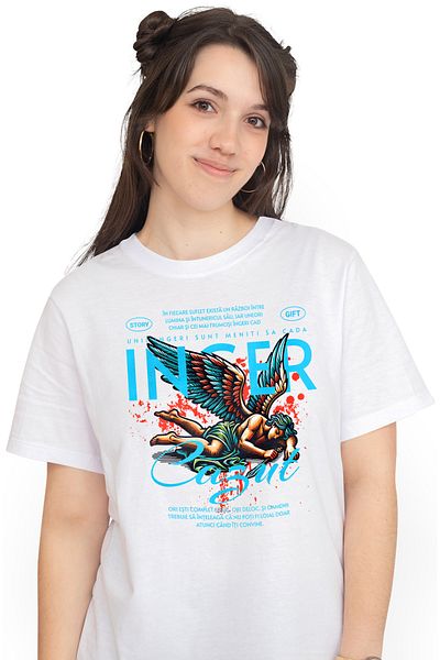 StoryGift Romania Tricou Femei Inger Cazut - Loialitate, Cu Imprimeu Pe Fata, 100% Bumbac, Alb, L Wht_l