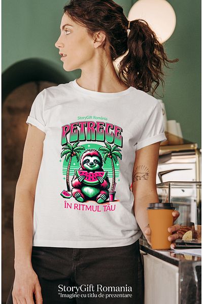 StoryGift Romania Tricou Femei Petrece În Ritmul Tau Animal Cu Pepene Relaxare Cu Imprimeu Pe Fat Wht_m