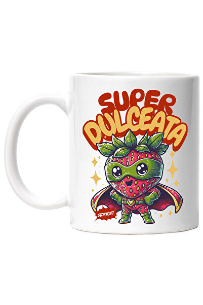 StoryGift Romania Cana Cu Super Erou Capsuna Cu Capa Rosie Text Super Dulceata, Ceramica, 330ml, C, Cu Maner Alb Stg