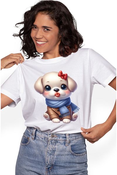 StoryGift Romania Tricou Femei Cu Un Catelus Care Da Un Pupic, Ilustratie, Fular, Imbracat Gros, F Wht_l