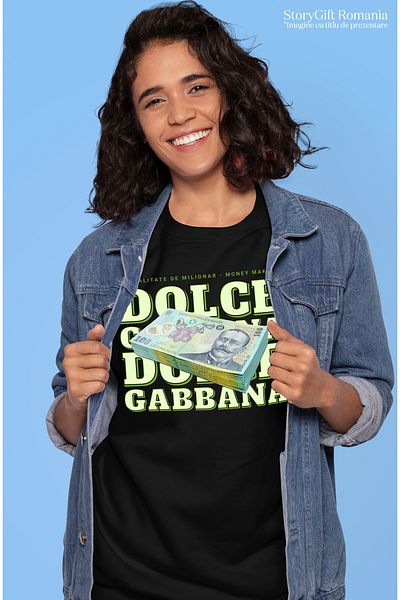 StoryGift Romania Tricou Femei Dolce & Gabbana - 100 Lei Romanesti, Cu Imprimeu Pe Fata, 100% Bum Blk_m