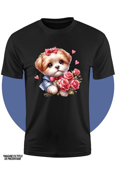 StoryGift Romania Tricou Copii Cu Un Catel Care Tine Un Buchet Cu Trandafiri Pe Care L-a Pregatit Pentru Iub