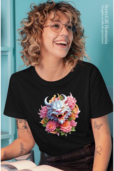 StoryGift Romania Tricou Femei cu un dragon chinezesc, ilustratie, anul dragonului, nou, floricele BLK_L