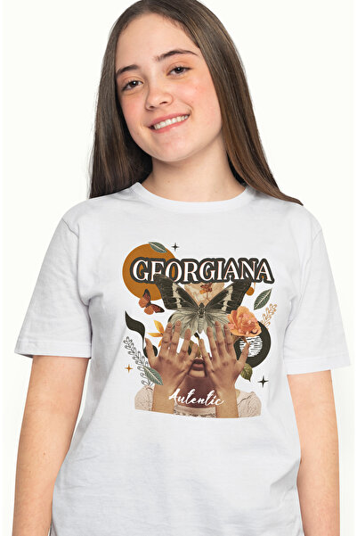 StoryGift Romania Tricou Femei Cu Numele Georgiana, Colaj Fata, Fluture, Flori, Cerc, Cu Imprimeu Wht_m