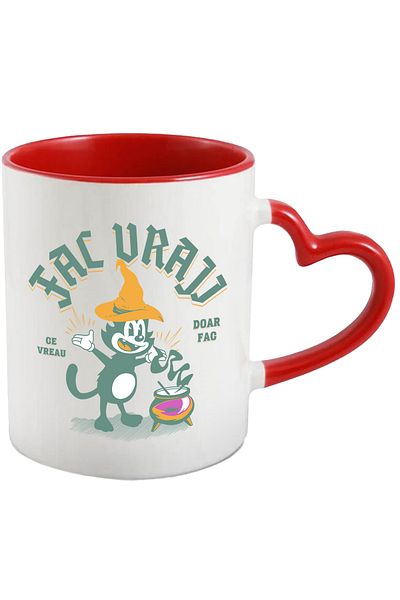 StoryGift Romania Cana Cu Motan Cu Palarie De Vrajitor Potiune Magica Text Fac Vraji, Ceramica, 33, Cu Maner Inim Stg