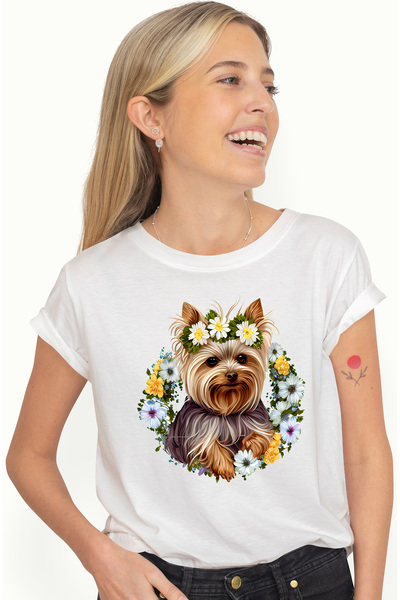 StoryGift Romania Tricou Femei Cu Un Catel Blanos Cu Floricele Albe Pe Cap, C...