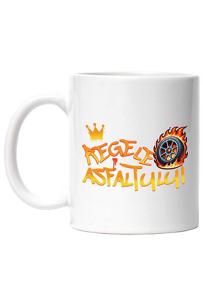 StoryGift Romania Cana Cu Coroana Regala Cu Cauciuc Masina In Flacari Text In Limba Romana Regele , Cu Maner Alb Stg