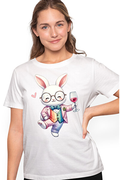 StoryGift Romania Tricou Femei Cu Un Iepure Care Tine Un Pahar Cu Vin, Ilustr...