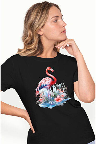 StoryGift Romania Tricou Femei Cu O Pasare Flamingo, Ilustratie, Floricele, Roz, Plante, Natura, V Blk_l