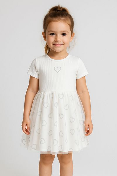 Nimini Kids Rochie pentru fetiță cu tutu cu nervuri cu model de inimă argintie de sezon Eid (1-5 ani)