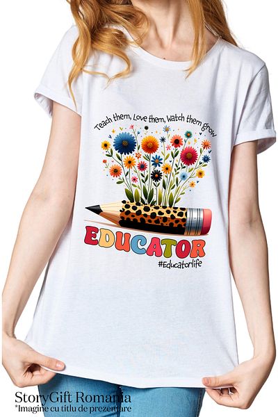 StoryGift Romania Tricou Femei Cu Mesaj "Învață-le, Iubește-le, Urmărește-le cum cresc, Educator", Ilus Wht_xs