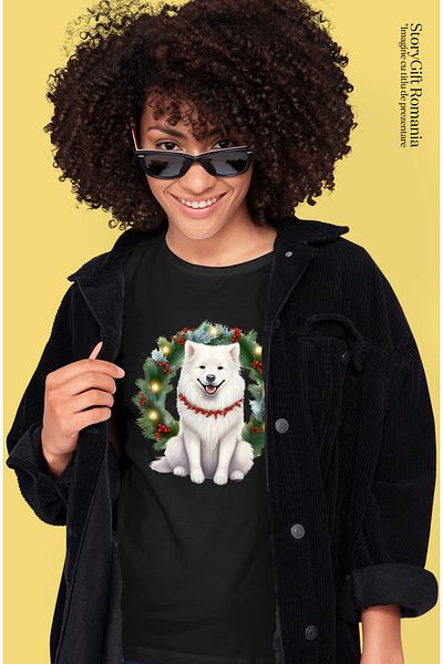 StoryGift Romania Tricou Femei Cu Un Caine Alb Cu Un Lant Din Vasc La Gat, Ilustratie, Coroana, Sa Blk_l