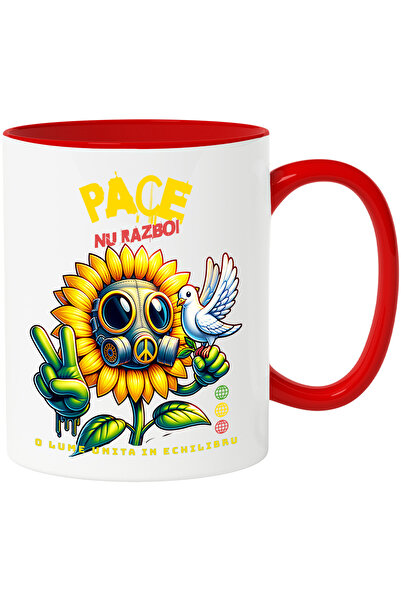 StoryGift Romania Cana Floarea Soarelui Cu Masca Gaze , Porumbel Alb Pace, Nu Razboi, 330ml, Ceram, Cu Maner Rosu Stg