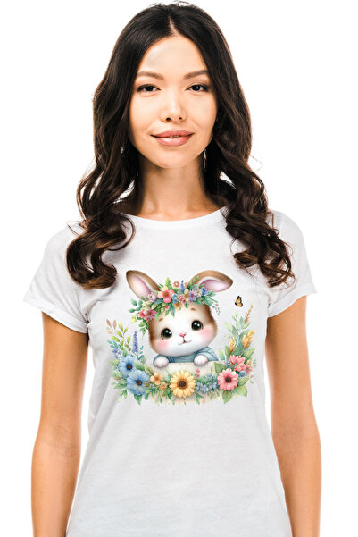 StoryGift Romania Tricou Femei Cu Un Iepuras Vesel, Ilustratie, Floricele Div...