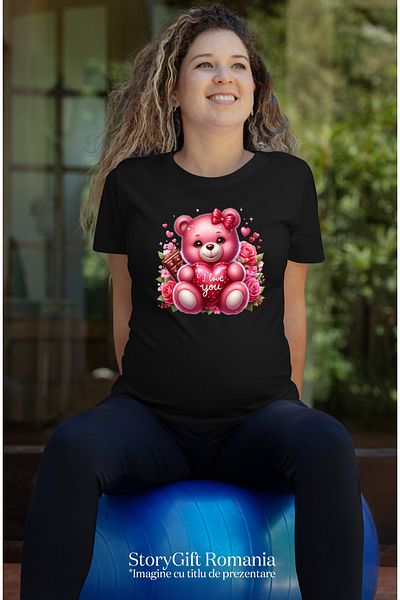 StoryGift Romania Tricou Femei Cu Un Ursulet De Plus Care Tine O Inima In Brate, Mesajul "i Love Y Blk_l