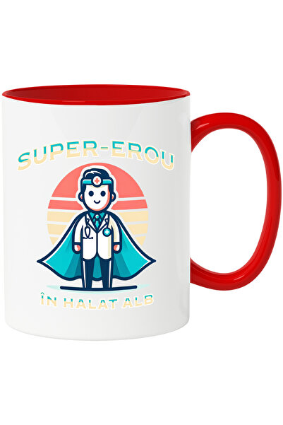 StoryGift Romania Cana Barbat Doctor Text Super-erou In Halat Alb Meserie, 330ml, Ceramic Cu Maner, Cu Maner Rosu Stg
