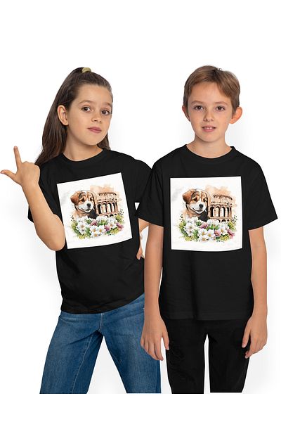 StoryGift Romania Tricou Copii Cu Un Catel Surprins, Ilustratie, La Roma, Colosseum, Arena, Gladiatori, Lupt