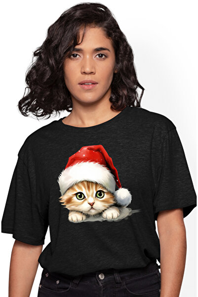 StoryGift Romania Tricou Femei Cu O Pisicuta Cu Caciula De Craciun, Ilustrati...