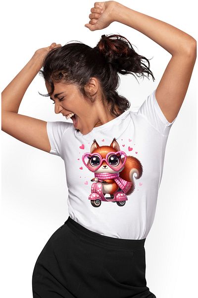 StoryGift Romania Tricou Femei Cu O Veverita Bucuroasa Care Conduce Un Scuter, Ilustratie, Viteza, Wht_l