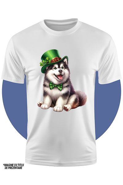 StoryGift Romania Tricou Copii Cu Un Catel Husky Cu Palarie Verde, Ilustratie, Bucurie, Sarbatoare, Sfantul