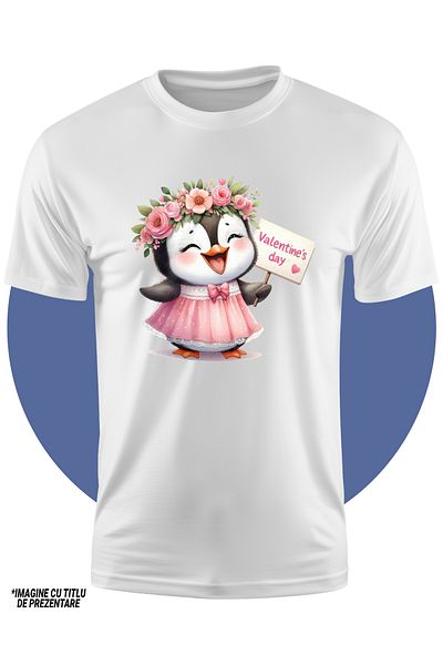 StoryGift Romania Tricou Copii Cu Un Pinguin Care Striga, Ilustratie, Coroana Din Flori, Fusta, Valentine's