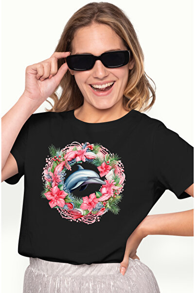 StoryGift Romania Tricou Femei Cu Un Delfin, Coroana Din Floricele, Frunze, Vasc, Apa, Mare, Ocean Blk_s