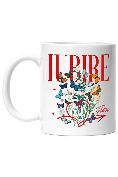 StoryGift Romania Cana Cu Fluturi Colorati Planta Verde Text Iubire Inimioara...