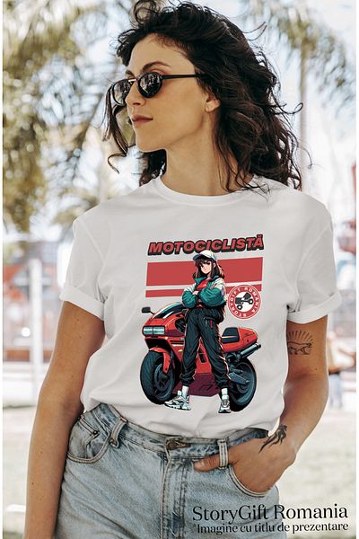 StoryGift Romania Tricou Femei Motociclista Fata Langa Motor Rosu Viteza Cu Imprimeu Pe Fata, 100% Wht_l