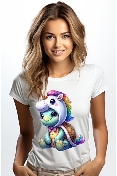 StoryGift Romania Tricou Femei cu o broscuta testoasa cu o caciulita de unicorn, ilustratie, pentr WHT_L,STG58021