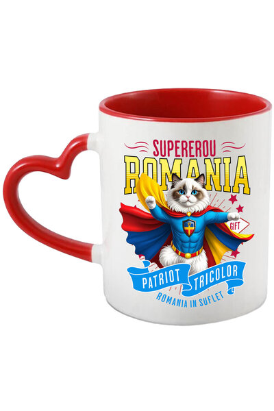 StoryGift Romania Mug with Ragdoll Cat in Captain Romania Costume with Cape, Night Hero, D, with Heart Handle