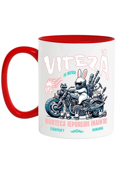 StoryGift Romania Cana Viteza Pe Motor Burtica Inainte, Iepure Motociclist, 330ml, Ceramic Cu Mane, Cu Maner Rosu Stg