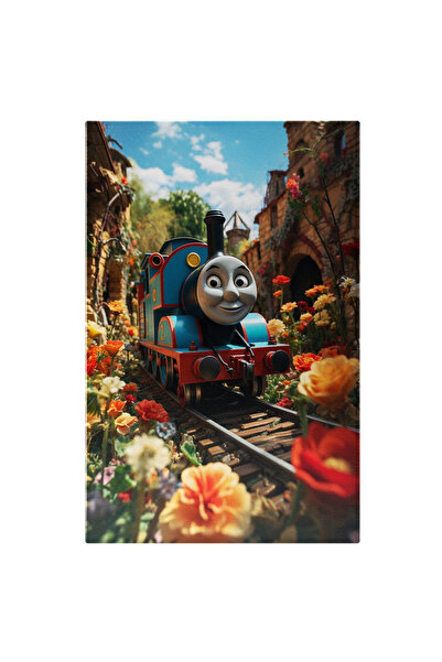 StoryGift Romania Tablou Canvas: Locomotiva Tomas Pe Șine Și Flori- Desen Ani...