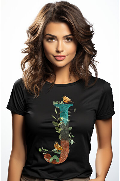 StoryGift Romania Tricou Femei Cu Litera, J, Pasari, Frunze, Multicolor Cu Im...