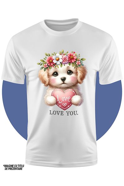 StoryGift Romania Tricou Copii Cu Un Catelus Care Tine O Inimioara Pe Care Scrie "love", Ilustratie, Afectiu