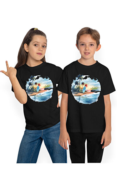 StoryGift Romania Tricou Copii Cu O Plaja, Ilustratie, Placa De Surf, Vacanta...