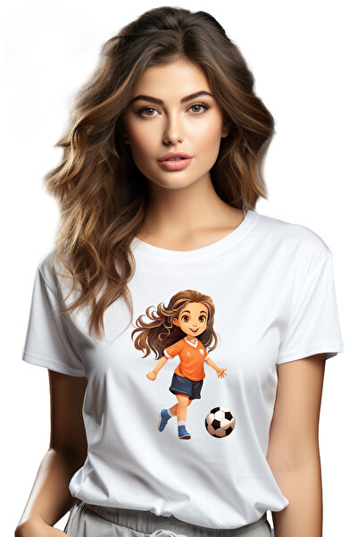 StoryGift Romania Women's T-shirt with a girl playing soccer, illustration, ball, brown hair, cheerful, WHT_M,STG42307